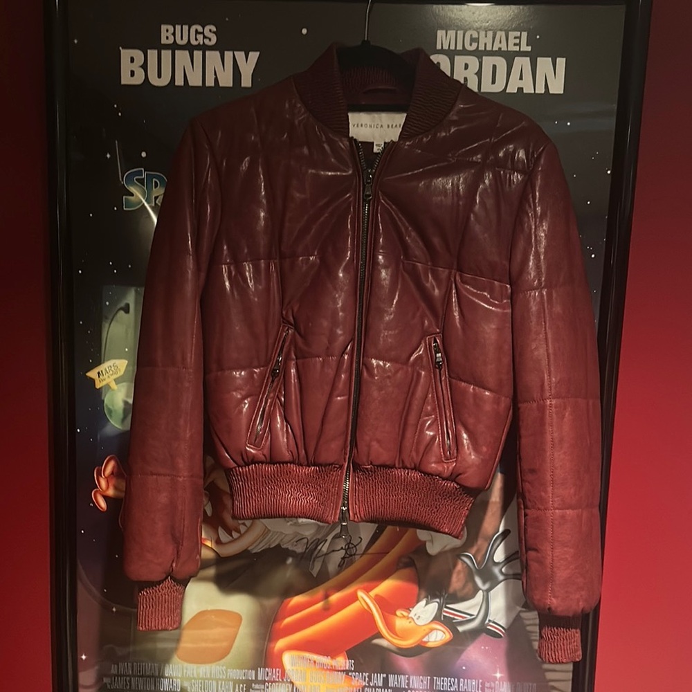 Veronica Beard Red Leather Bomber Jacket